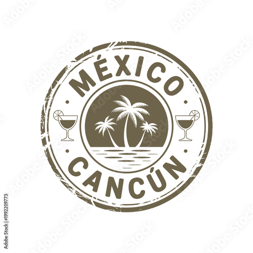 A distressed stamp design featuring mexico cancun with tropical imagery