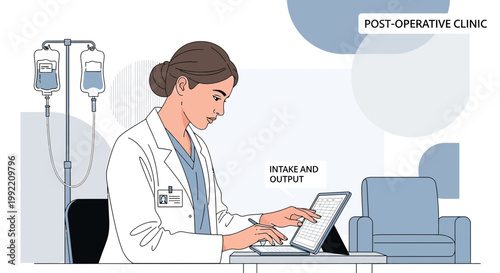 Nurse records patient intake and output data on tablet in post-operative clinic