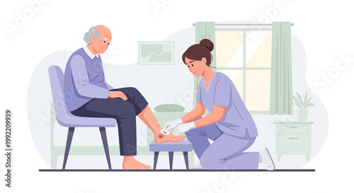 Nurse tending to elderly man's foot wound, providing care and comfort at home.