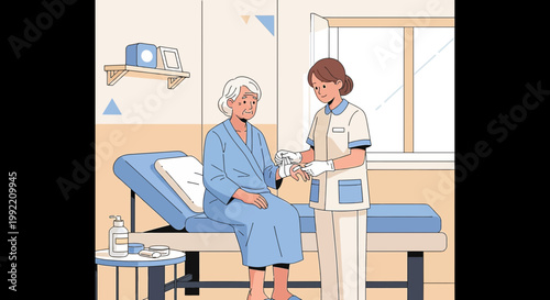 Nurse Tending to Elderly Patient in Medical Room, Healthcare Assistance