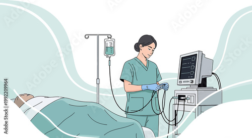 Nurse tending to patient connected to medical equipment in a hospital room