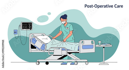 Nurse tending to patient in hospital bed during post-operative care, medical equipment nearby