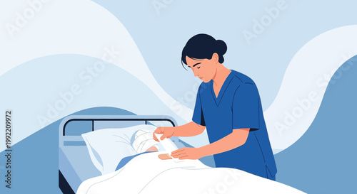 Nurse tending to patient in hospital bed, focusing on care and recovery