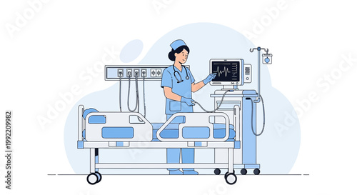 Nurse tending to patient in hospital bed with medical equipment and monitor
