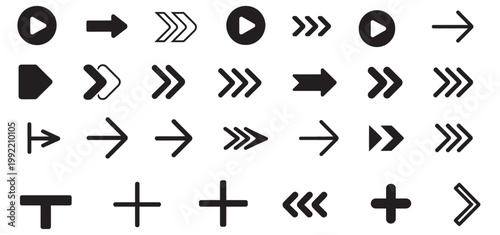 Collection of diverse arrow icons, directional symbols, navigation elements, and play buttons