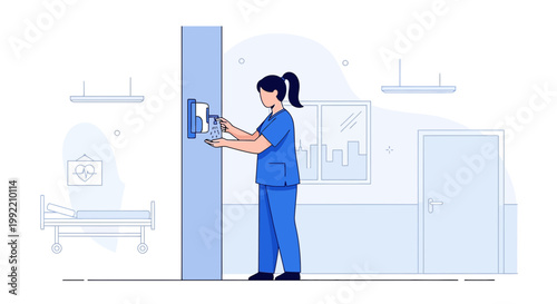 Nurse using hand sanitizer dispenser in hospital corridor with medical equipment