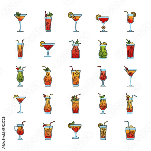 Collection of twenty-five colorful vector cocktail icons featuring various drink types like martini, mojito, and daiquiri with garnishes including mint, citrus, ice, and straws.