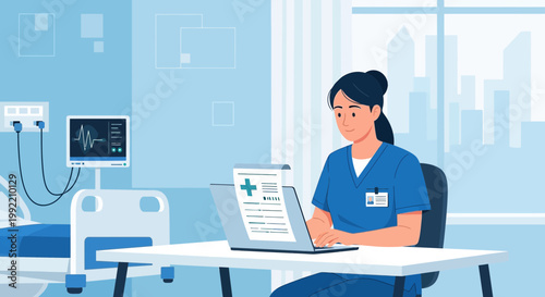 Nurse Using Laptop in Hospital Room with Medical Equipment