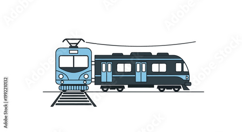 Flat vector illustration of a light blue electric locomotive front view on tracks with a pantograph, coupled with a dark navy blue side view passenger train car on a white background.