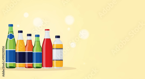 Vector illustration of a row of assorted beverage bottles with blank labels, including soda, juice, and water, on a pale yellow background with bokeh effects and copy space.