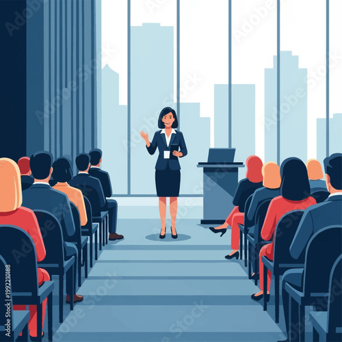 Professional businesswoman delivering a keynote presentation at a seminar to a seated audience in a modern corporate hall with large windows showing a city skyline background.
