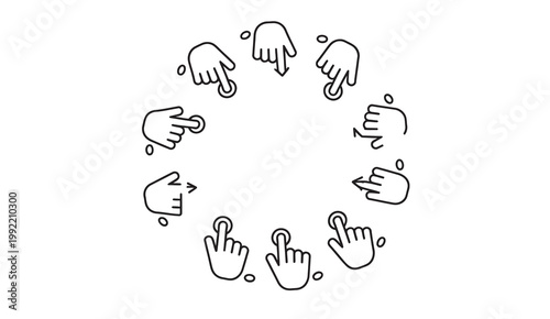 Collection of hand gestures and cursor icons in a circular motion for digital interaction
