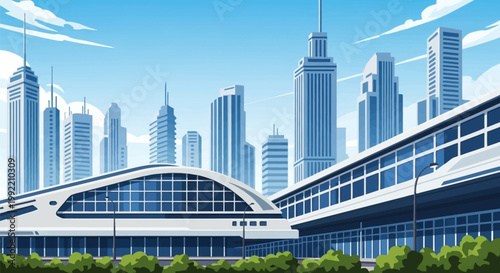Flat vector illustration of a futuristic city skyline featuring tall glass skyscrapers, a sleek aerodynamic transit terminal station, and a bright blue sky with light clouds.