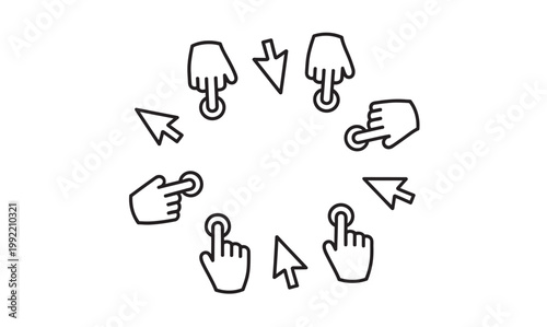 Various hand gestures and mouse cursor icons arranged in a circular pattern for digital input