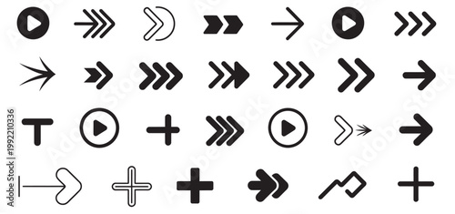 Diverse collection of arrow and play button icons for navigation and action in graphic design