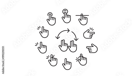Set of hand gestures for digital interaction including tap, swipe, and zoom with arrows