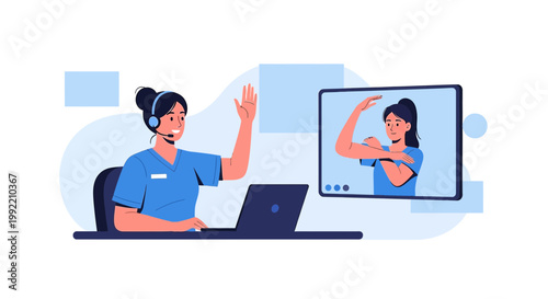 Online Consultation: Doctor guides patient through physical therapy exercise via video call