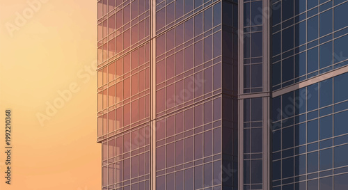 Modern skyscraper glass facade showing architectural grid patterns and reflections from a warm golden hour sunset. Detail of office building windows and steel frame structures.