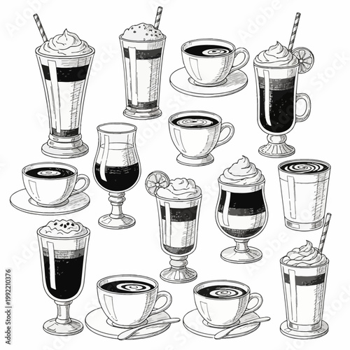 Set of black and white hand-drawn sketches of coffee beverages: espresso cups with saucers, latte macchiato, frappes with whipped cream, and iced drinks with straws on a white background.
