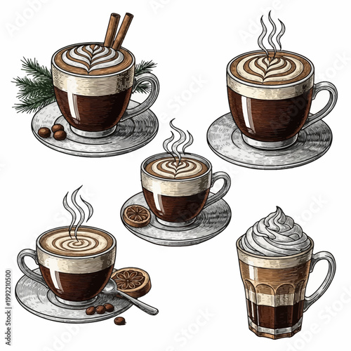 Set of five engraved illustrations featuring coffee drinks with latte art, steam, whipped cream, cinnamon sticks, roasted beans, and dried orange slices isolated on white background.