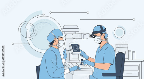Ophthalmologist and assistant performing eye surgery with advanced medical equipment