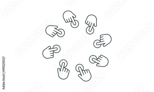 Circular display of hand gestures indicating touch screen interaction and digital commands.