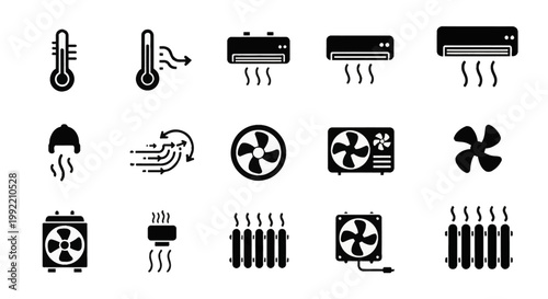 Black glyph icon set for heating, ventilation, and air conditioning HVAC systems featuring thermometer, radiator, split system unit, electric fan, and climate control symbols.