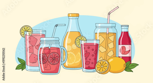 Vector illustration of various cold beverages like lemonade, fruit juices, and iced tea served in glasses, mason jars, and bottles featuring lemon slices, ice cubes, and straws.