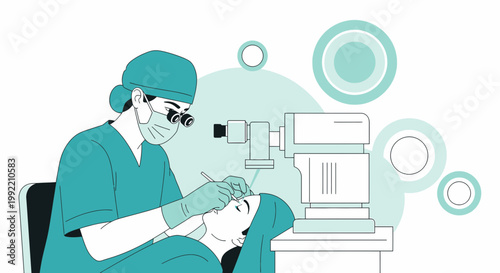 Ophthalmologist Performing Eye Surgery with Microscope and Surgical Instruments