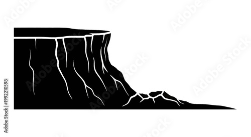 Flat black solid silhouette icon of a steep cliff or mountain precipice featuring vertical rock fissures, a sharp edge, and a flat top plateau, isolated on white background.