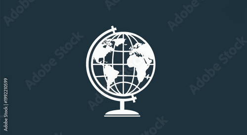 White minimalist terrestrial globe icon with world map silhouettes and longitudinal lines on a dark navy background. Vector style desk globe symbol on a stand for geography concepts.