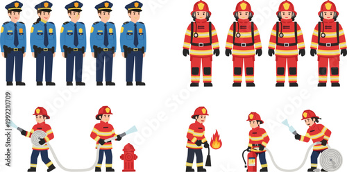 Police Officers and Firefighters Vector Set Featuring Emergency Service Workers in Uniform with Equipment Hose and Fire Safety Tools for Public Safety Design
