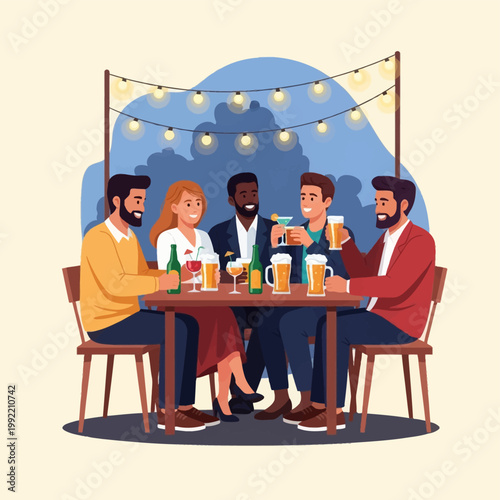 Flat vector illustration of diverse friends sitting at an outdoor table under string lights, drinking beer and cocktails during a social gathering in a patio or beer garden setting.