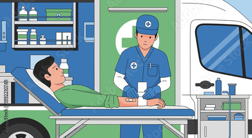 Paramedic Administers IV Drip to Patient in Ambulance, Medical Emergency Aid