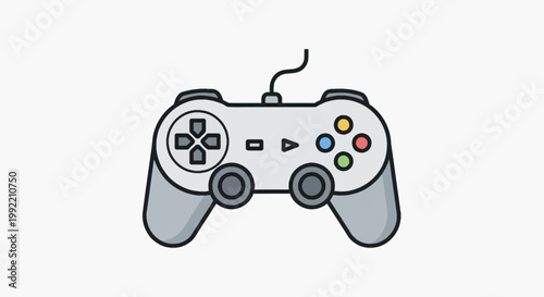 Vector illustration of a gray wired video game controller with a directional pad, dual analog sticks, colorful action buttons, and a connecting cable, isolated on white background.