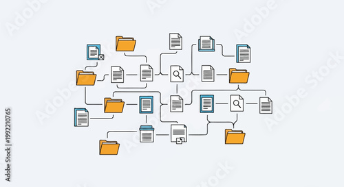 Abstract vector illustration of a digital file management system showing connected folders and document icons in a hierarchical network flow chart on a plain white background.
