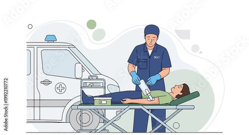 Paramedic Administers IV Drip to Patient on Stretcher Outside Ambulance