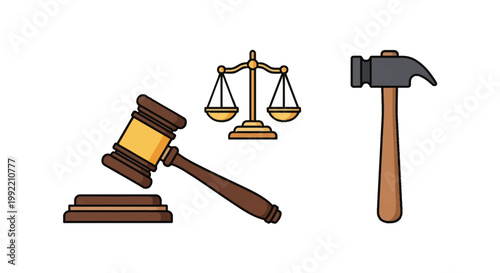 Vector icon set featuring a wooden judge gavel with a sounding block, golden balance scales of justice for legal concepts, and a standard claw hammer with a wood handle on white.