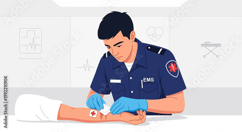 Paramedic Applies Bandage to Patient's Arm in Medical Setting