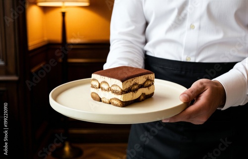 Waiter holding tiramisu on white plate. Tiramisu, layered dessert with mascarpone coffee cocoa, creates cozy atmosphere with soft warm light. Concept of dessert presentation and dining experience.