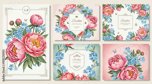 Set of floral wedding invitation cards with pink peonies and blue forgetmenot flowers, elegant botanical design templates for marriage, birthday, or greeting cards