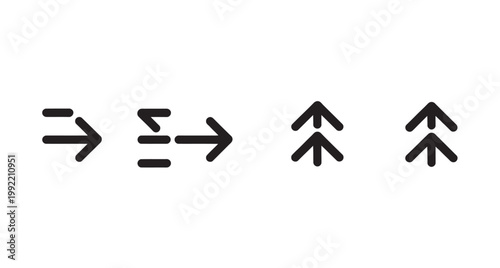 Collection of four minimalist black arrow icons on a white background, representing forward movement and progress, ideal for web design and UI elements.