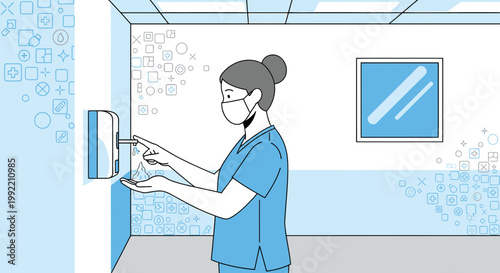 Nurse in mask sanitizing hands in hospital corridor with medical icons background