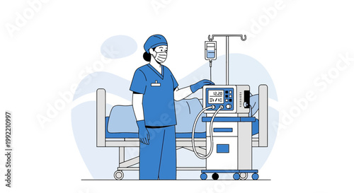Nurse in Medical Mask Attends Patient on Hospital Bed with Ventilator Machine