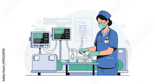 Nurse in Medical Mask and Gloves Preparing Patient Care in Hospital Room with Monitors