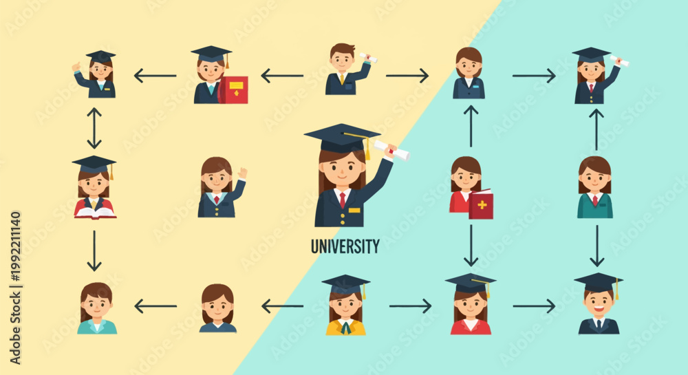 Fototapeta premium Vector flowchart illustration depicting a university student life cycle with flat icons of male and female students in graduation caps, holding diplomas, and studying with books and arrows.