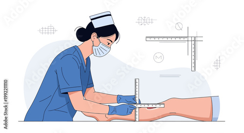 Nurse measuring patient's leg for medical treatment, healthcare concept