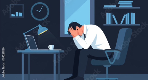 Flat vector illustration of a stressed businessman sitting at a dark office desk at night, holding his head in despair next to a laptop, desk lamp, wall clock, and bookshelves.