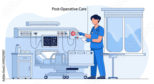 Nurse Monitoring Patient in Post-Operative Care Unit with Medical Equipment