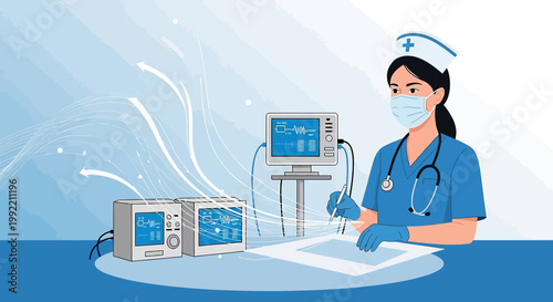 Nurse Monitoring Medical Equipment and Patient Data in Hospital